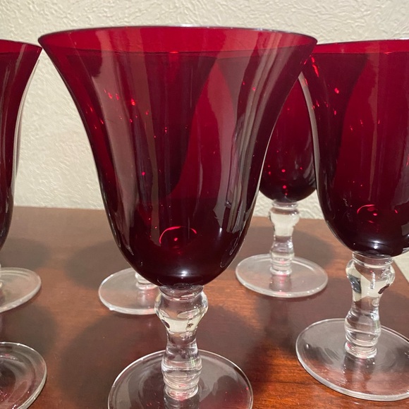 Vintage, Set of 6, Ruby Red Bell Shaped Goblets with Clear Stems and Bases - Picture 2 of 7